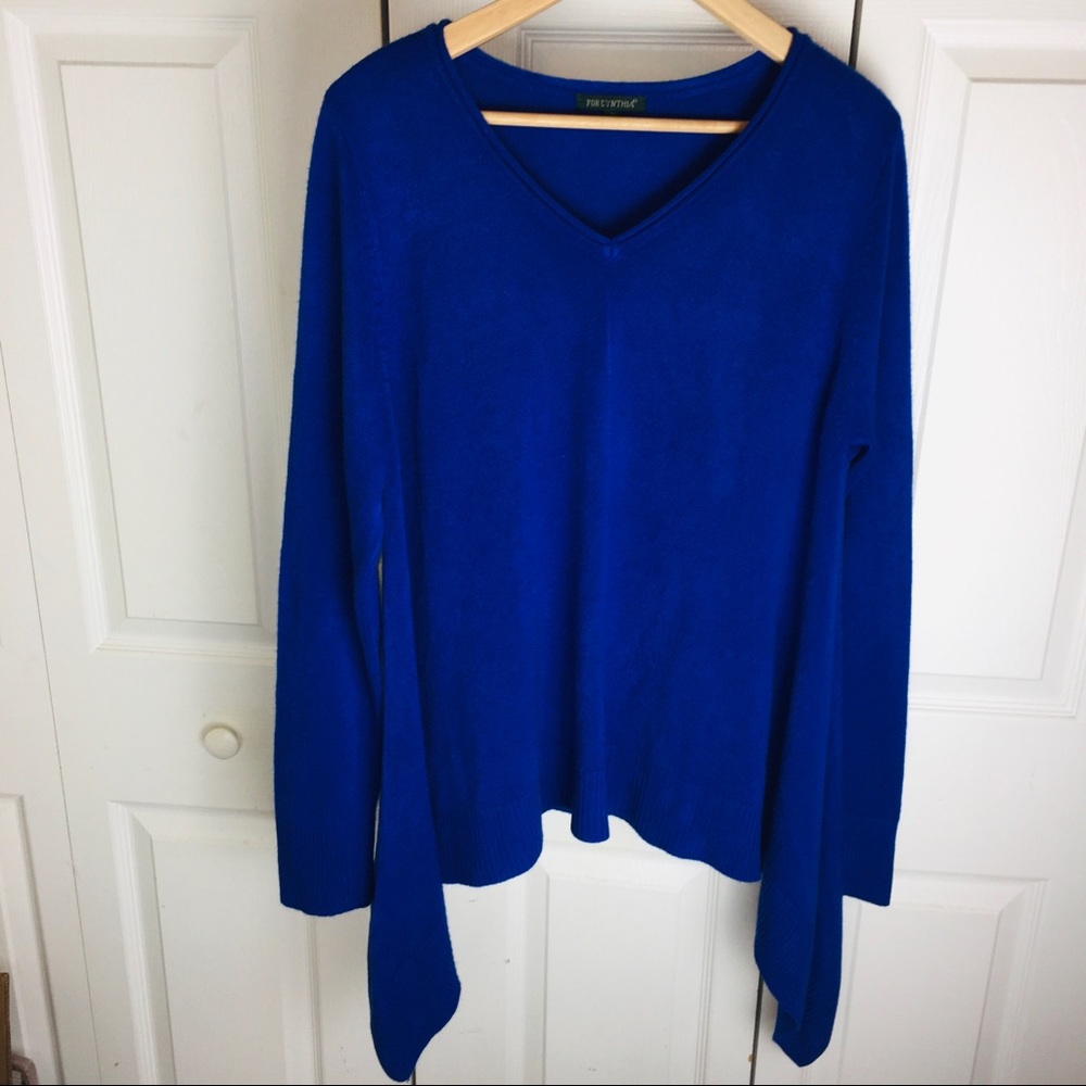 For Cynthia Cobalt Blue Handkerchief Hem V-neck